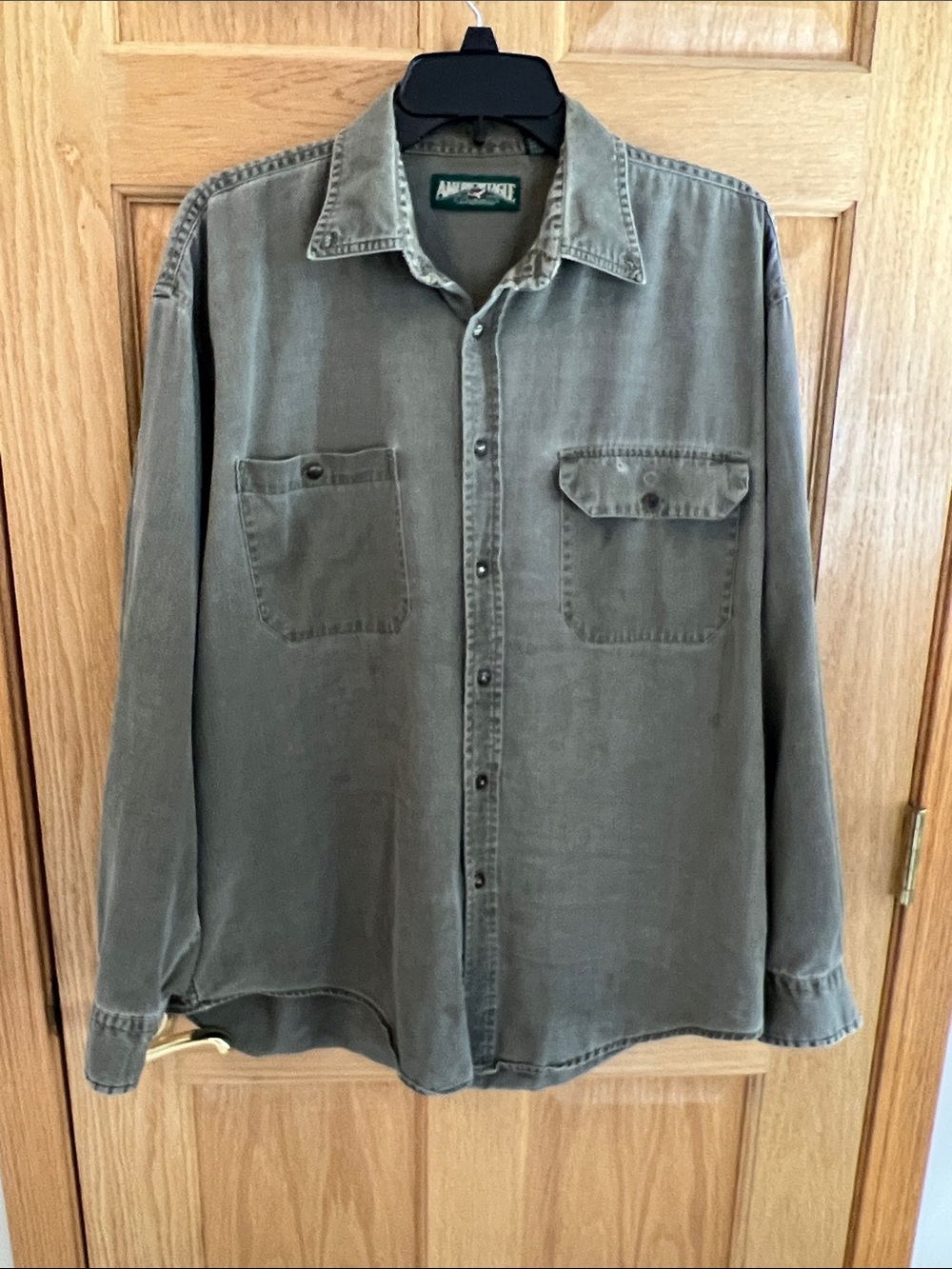 American Eagle Outfitters Olive Green Distressed Vintage Button-Up Shirt